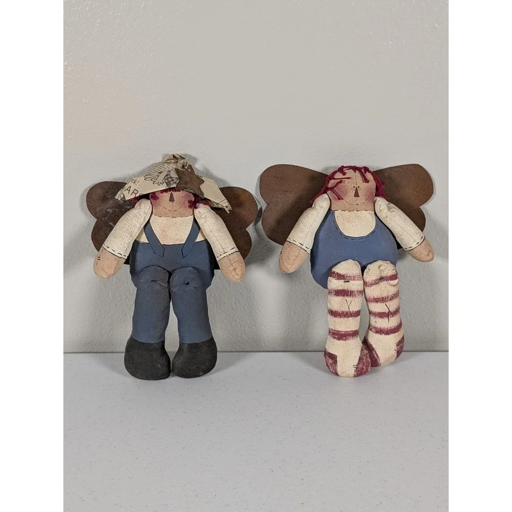 Primitive Raggedy Ann Rag Doll Ornament Lot Handmade Country Farmhouse Decor